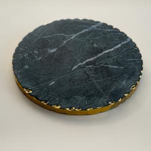 Black Marble Round Trivet w/ Rough Gold Edge Large
